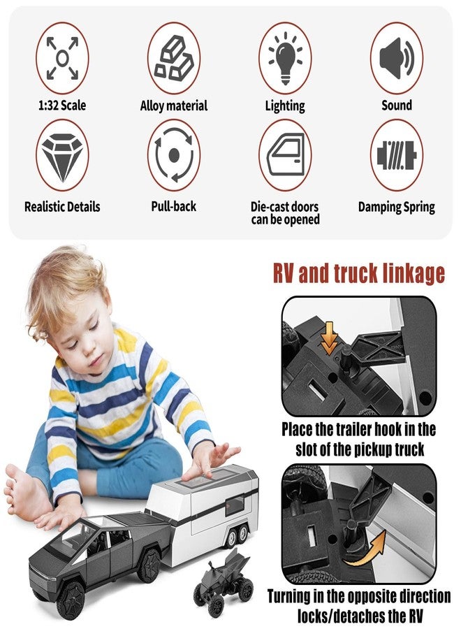 RAHU Cybertruck Toy for Kids, Pickup Truck with RV Moto carycle Cybertquad Model Cars Model Car, 1/32 Toy Truck and Trailer with Sound/Light/, Ideal Gift for Boys Aged 6 and Up (Grey) - Image 3